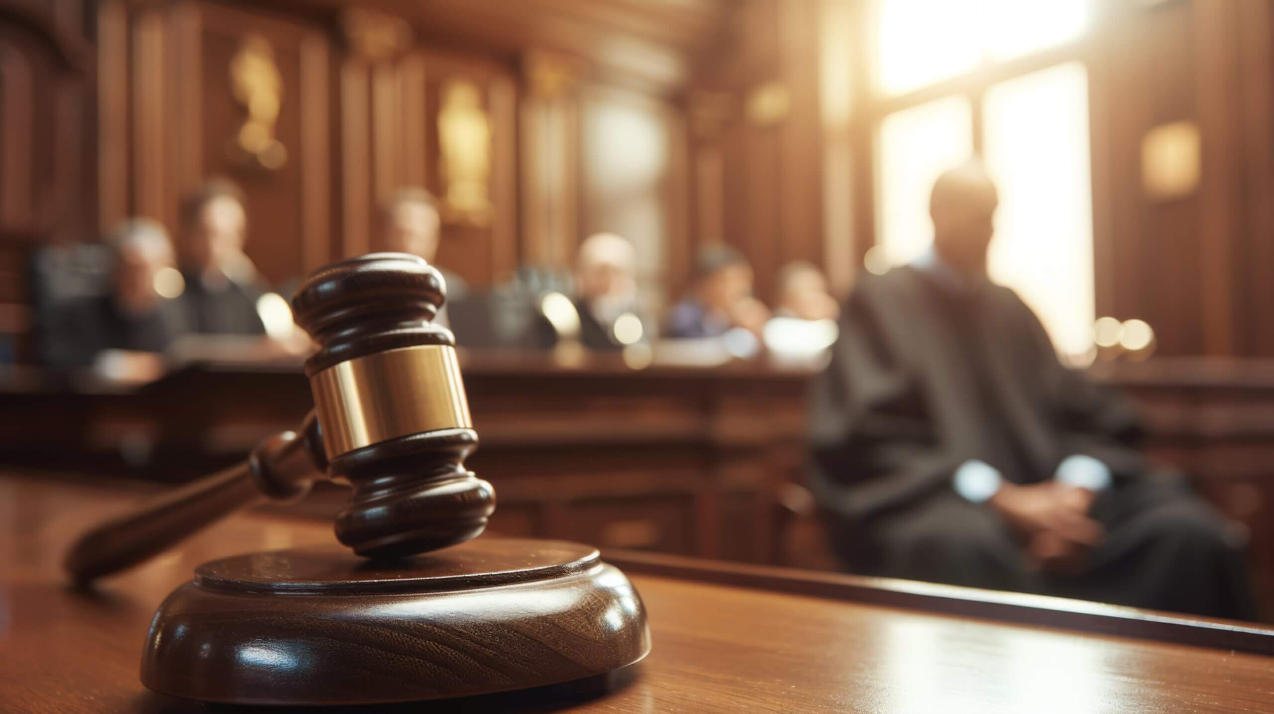 Mazo judicial en primer plano dentro de una sala de tribunal, representando demandas y procedimiento civil en Florida.