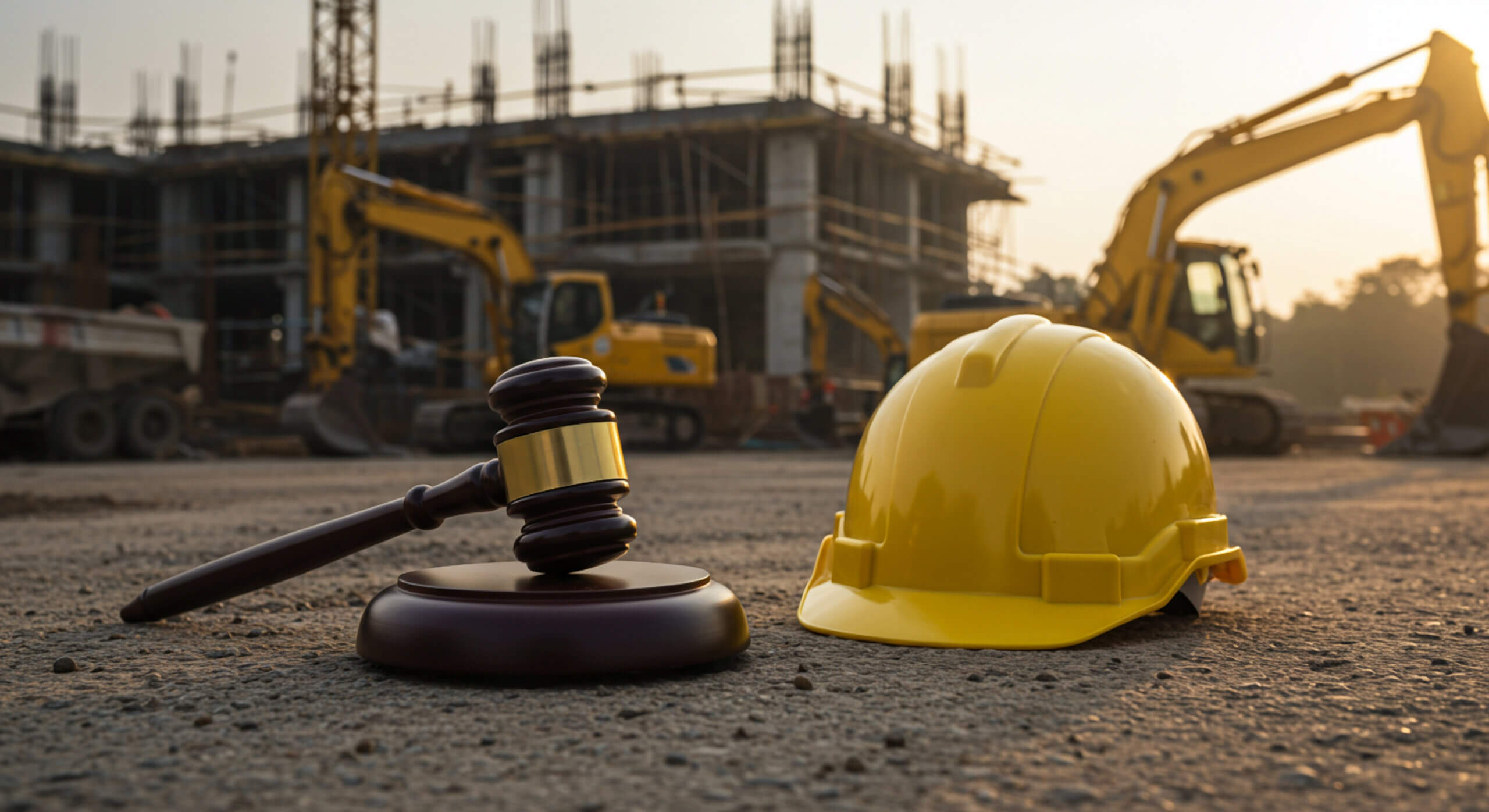 Casco de seguridad y mazo judicial en obra de construcción, representando disputas legales por defectos de construcción.