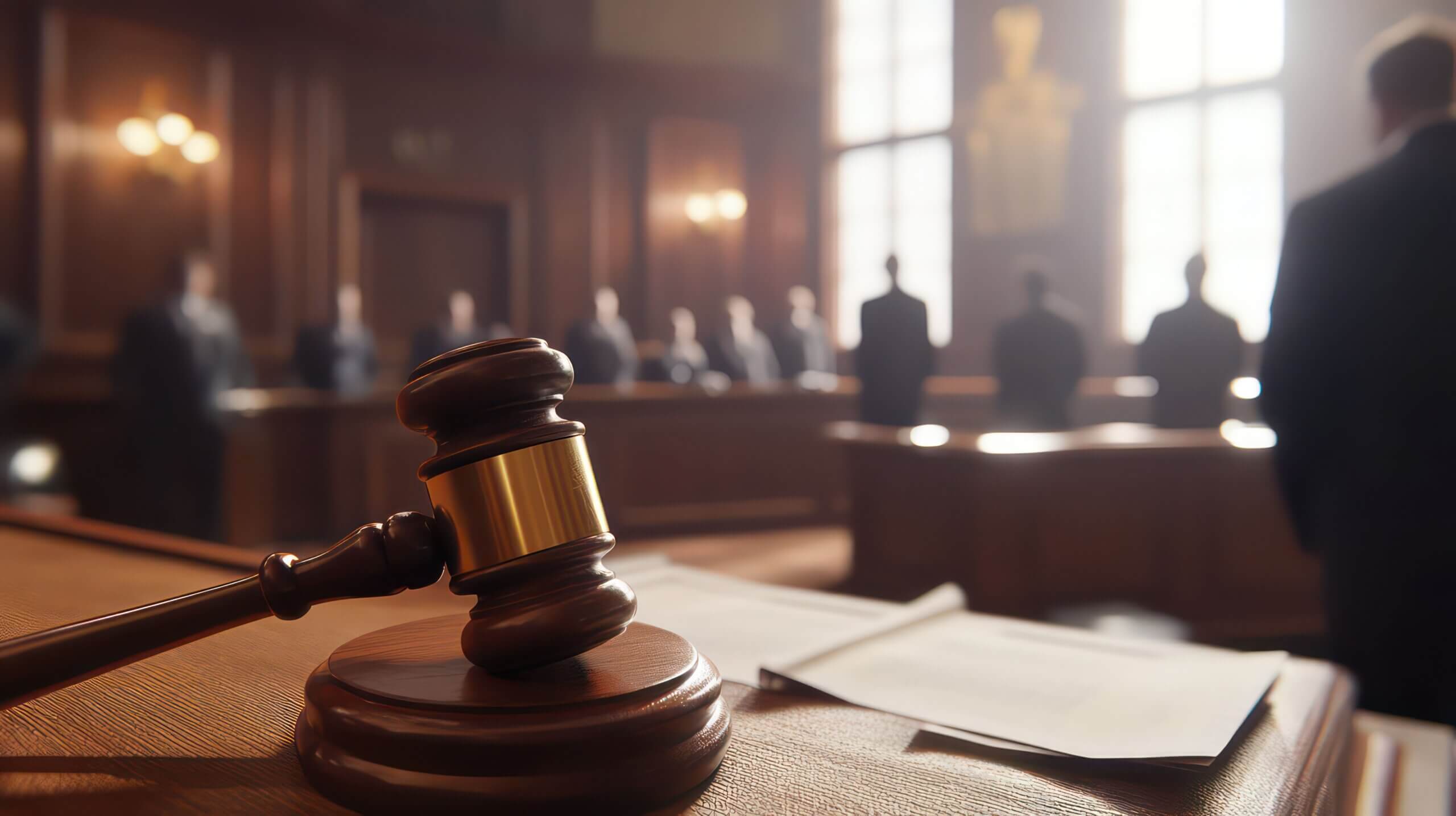 Mazo judicial en primer plano dentro de una sala de tribunal con abogados y juez al fondo, representando proceso de juicio civil en Florida.